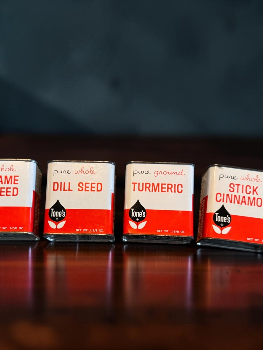 Vintage Tone's Spice Tins Set of 4 – Sesame Seed, Dill Seed, Turmeric, Cinnamon